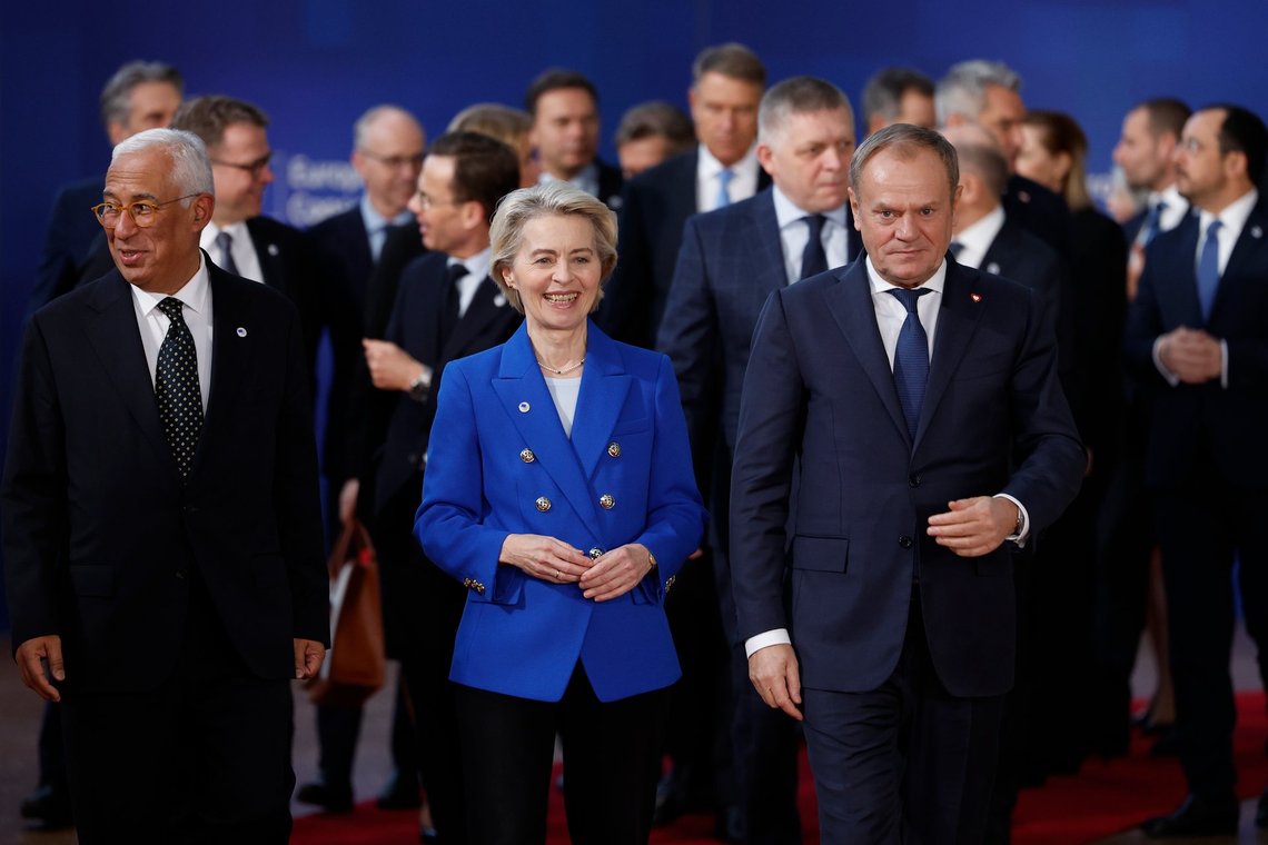 From left, European Council President Antonio Costa, European Commission President Ursula von der Leyen and Poland's Prime Minister Donald Tusk walk with other leaders prior to a group photo at an EU summit in Brussels, Thursday, Dec. 19, 2024. (AP Photo/Geert Vanden Wijngaert) From left, European Council President Antonio Costa, European Commission President Ursula von der Leyen and Poland's Prime Minister Donald Tusk walk with other leaders prior to a group photo at an EU summit in Brussels, Thursday, Dec. 19, 2024. (AP Photo/Geert Vanden Wijngaert)