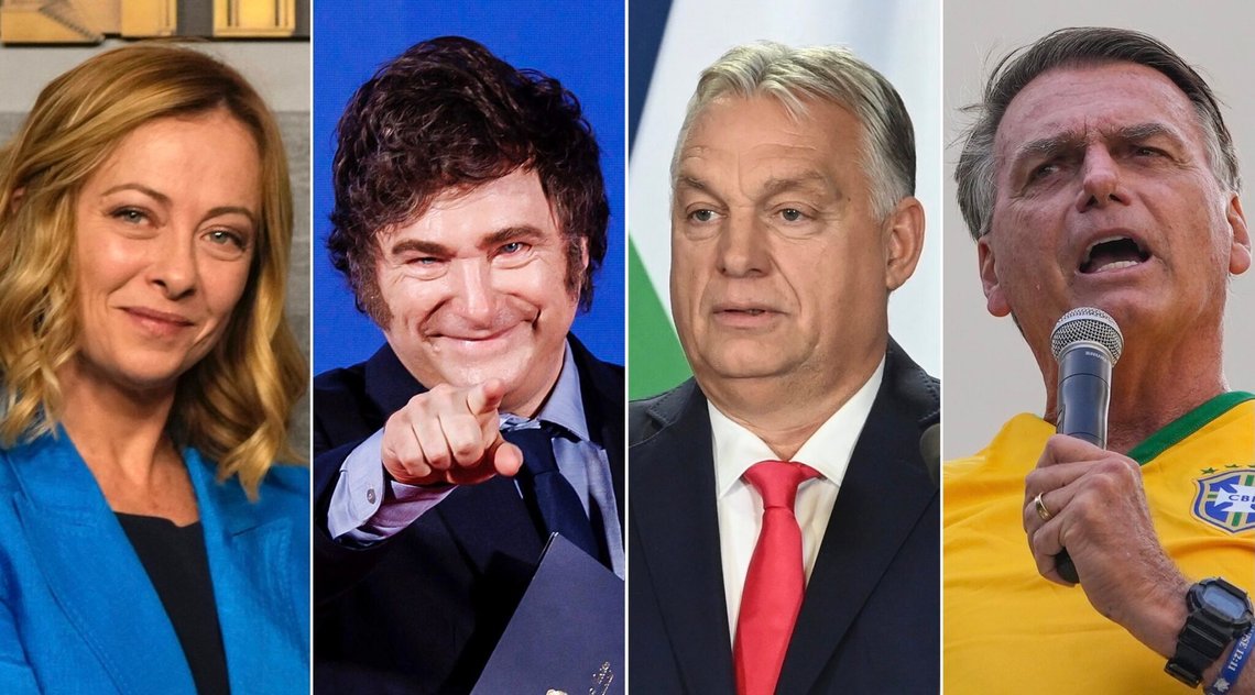 Giorgia Meloni, Javier Milei, Viktor Orbán og Jair Bolsonaro. Foto: Hassan Ammar, Roberto Monaldo / LaPresse, Zoltan Mathe / MTI og Andre Penner – alle via AP / NTB. Giorgia Meloni, Javier Milei, Viktor Orbán og Jair Bolsonaro. Foto: Hassan Ammar, Roberto Monaldo / LaPresse, Zoltan Mathe / MTI og Andre Penner – alle via AP / NTB.