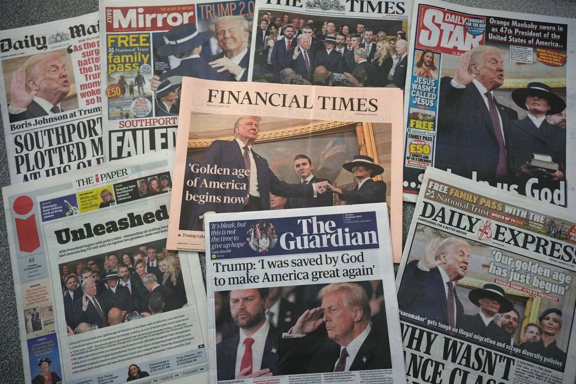A selection of British national newspaper front pages showing reaction to President Trump's Inauguration in London, Tuesday, Jan. 21, 2025. (AP Photo/Alastair Grant) A selection of British national newspaper front pages showing reaction to President Trump's Inauguration in London, Tuesday, Jan. 21, 2025. (AP Photo/Alastair Grant)