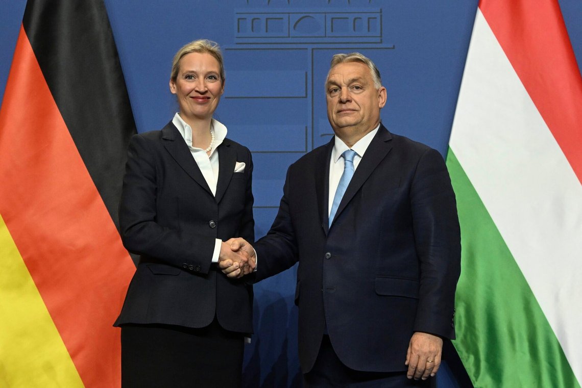 AfD's leder og statsministerkandidat Alice Weidel, mødtes med Ungarns statsminister Viktor Orbán i Budapest onsdag. Foto: Szilard Koszticsak / MTI via AP / NTB AfD's leder og statsministerkandidat Alice Weidel, mødtes med Ungarns statsminister Viktor Orbán i Budapest onsdag. Foto: Szilard Koszticsak / MTI via AP / NTB