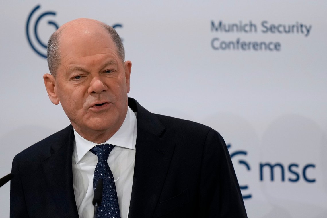 Germany's Chancellor Olaf Scholz speaks during the Munich Security Conference at the Bayerischer Hof Hotel in Munich, Germany, Saturday, Feb. 15, 2025. (AP Photo/Matthias Schrader) Germany's Chancellor Olaf Scholz speaks during the Munich Security Conference at the Bayerischer Hof Hotel in Munich, Germany, Saturday, Feb. 15, 2025. (AP Photo/Matthias Schrader)