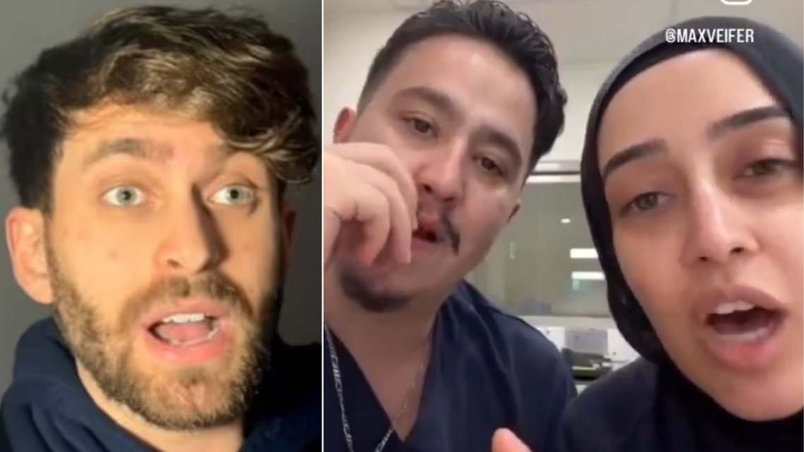 DRAB: Muslimske sygeplejersker på et hospital i Sydney, fortalte den jødiske influencer Max Veifer (til venstre), at de har dræbt israelere og vil gøre det igen, hvis israelske patienter kommer ind på det hospital, hvor de arbejder. Foto: X DRAB: Muslimske sygeplejersker på et hospital i Sydney, fortalte den jødiske influencer Max Veifer (til venstre), at de har dræbt israelere og vil gøre det igen, hvis israelske patienter kommer ind på det hospital, hvor de arbejder. Foto: X