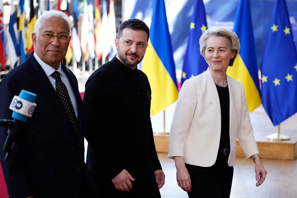 From left, European Council President Antonio Costa, Ukraine's President Volodymyr Zelenskyy and European Commission President Ursula von der Leyen arrive for an EU Summit at the European Council building in Brussels, Thursday, March 6, 2025. (AP Photo/Omar Havana) From left, European Council President Antonio Costa, Ukraine's President Volodymyr Zelenskyy and European Commission President Ursula von der Leyen arrive for an EU Summit at the European Council building in Brussels, Thursday, March 6, 2025. (AP Photo/Omar Havana)