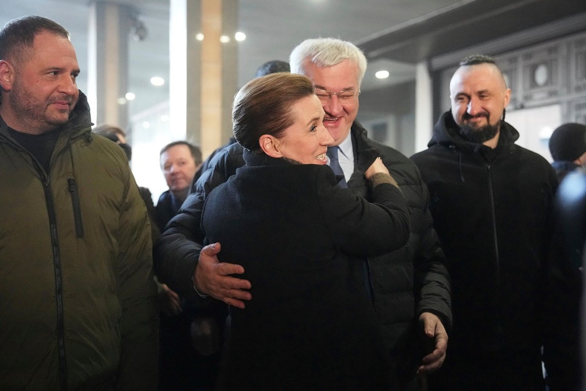 Ukraine's Foreign Minister Andriiy Sybiha, center, greets Denmark's Prime Minister Mette Frederiksen at a train station in Kyiv, Ukraine, Monday, Feb. 24, 2025. (AP Photo/Efrem Lukatsky) Ukraine's Foreign Minister Andriiy Sybiha, center, greets Denmark's Prime Minister Mette Frederiksen at a train station in Kyiv, Ukraine, Monday, Feb. 24, 2025. (AP Photo/Efrem Lukatsky)