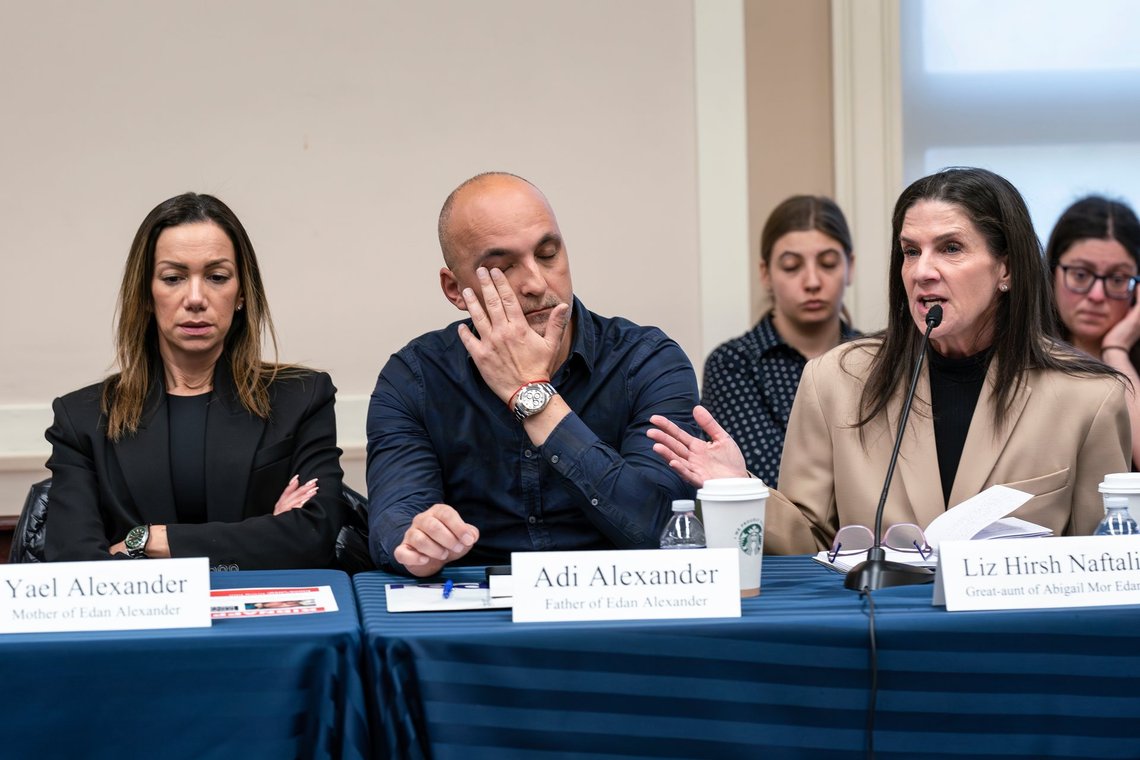 FILE - From left, Yael and Adi Alexander, parents of Eden Alexander, who was abducted and brought to Gaza on Oct. 7, 2023, listen to Liz Hirsh Naftali, great aunt of Abigail More Edan, as families and victims of the Hamas attacks meet with the House Foreign Affairs Committee, at the Capitol in Washington, Nov. 29. (AP Photo/J. Scott Applewhite, File) FILE - From left, Yael and Adi Alexander, parents of Eden Alexander, who was abducted and brought to Gaza on Oct. 7, 2023, listen to Liz Hirsh Naftali, great aunt of Abigail More Edan, as families and victims of the Hamas attacks meet with the House Foreign Affairs Committee, at the Capitol in Washington, Nov. 29. (AP Photo/J. Scott Applewhite, File)
