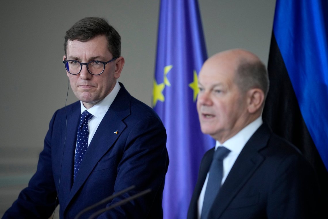 German Chancellor Olaf Scholz, right, and Estonian Prime Minister Kristen Michal attend a press conference in the chancellory in Berlin, Friday, Dec. 20, 2024. (AP Photo/Ebrahim Noroozi) German Chancellor Olaf Scholz, right, and Estonian Prime Minister Kristen Michal attend a press conference in the chancellory in Berlin, Friday, Dec. 20, 2024. (AP Photo/Ebrahim Noroozi)