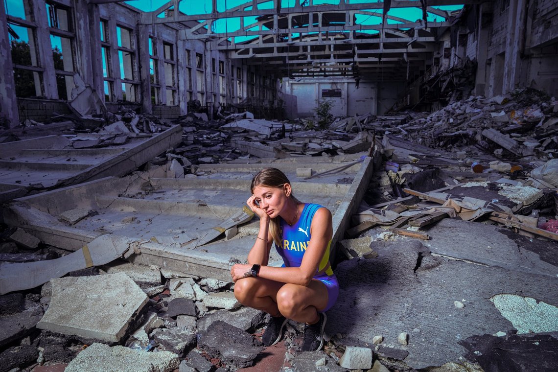 Kateryna Tabashnyk, a high jumper, sits for a portrait Sunday, June 9, 2024, at the athletics arena of the "Polytechnic" sports complex, which was destroyed by a Russian rocket attack, in Kharkiv, Ukraine. (AP Photo/Evgeniy Maloletka) Kateryna Tabashnyk, a high jumper, sits for a portrait Sunday, June 9, 2024, at the athletics arena of the "Polytechnic" sports complex, which was destroyed by a Russian rocket attack, in Kharkiv, Ukraine. (AP Photo/Evgeniy Maloletka)