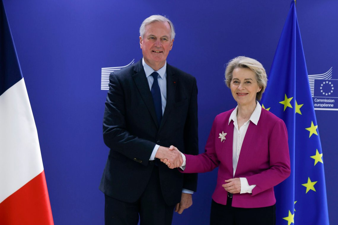 European Commission President Ursula von der Leyen, right, welcomes French Prime Minister Michel Barnier prior to a meeting at EU headquarters in Brussels, Wednesday, Nov. 13, 2024. (AP Photo/Omar Havana) European Commission President Ursula von der Leyen, right, welcomes French Prime Minister Michel Barnier prior to a meeting at EU headquarters in Brussels, Wednesday, Nov. 13, 2024. (AP Photo/Omar Havana)
