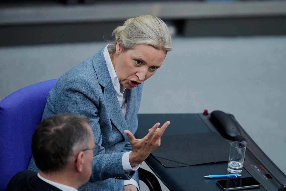 Alternative for Germany, AFD, party co-leader Alice Weidel speaks to other lawmakers during a meeting of the German federal parliament, Bundestag, at the Reichstag building in Berlin, Germany, Thursday, March 13, 2025. (AP Photo/Ebrahim Noroozi) Alternative for Germany, AFD, party co-leader Alice Weidel speaks to other lawmakers during a meeting of the German federal parliament, Bundestag, at the Reichstag building in Berlin, Germany, Thursday, March 13, 2025. (AP Photo/Ebrahim Noroozi)