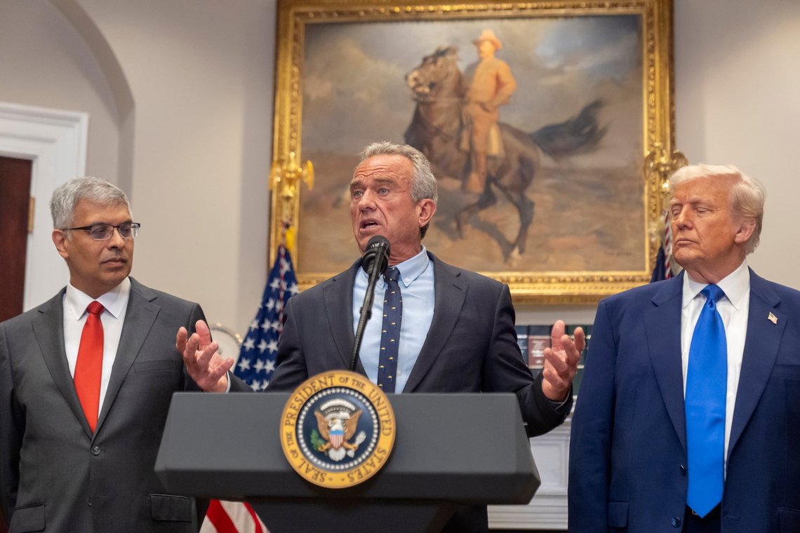 Health and Human Services Secretary Robert F. Kennedy Jr. speaks as Jay Bhattacharya, director of the National Institutes of Health, left, and President Donald Trump, right, listen during an event in the Roosevelt Room at the White House, Monday, May 12, 2025, in Washington. (AP Photo/Mark Schiefelbein) Health and Human Services Secretary Robert F. Kennedy Jr. speaks as Jay Bhattacharya, director of the National Institutes of Health, left, and President Donald Trump, right, listen during an event in the Roosevelt Room at the White House, Monday, May 12, 2025, in Washington. (AP Photo/Mark Schiefelbein)