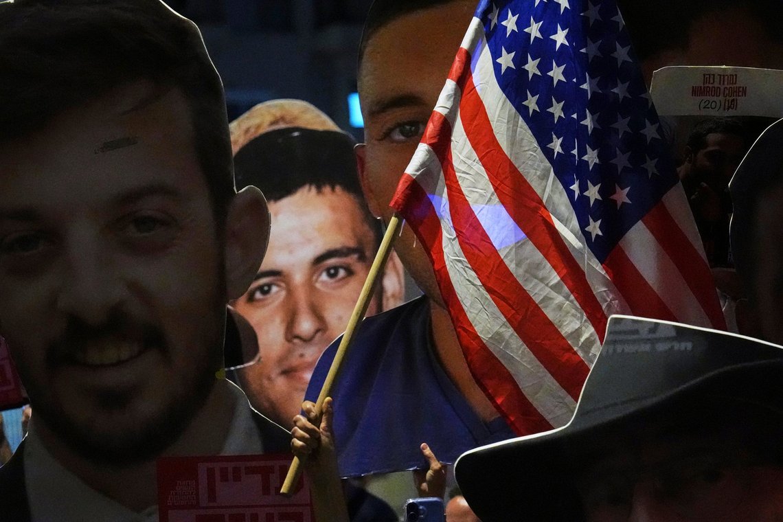 Demonstrators hold photos depicting the faces of Israeli hostages who are being held in the Gaza Strip, during a protest demanding their release, outside the U.S. Embassy Branch Office in Tel Aviv on Tuesday, May 13, 2025. (AP Photo/Ariel Schalit) Demonstrators hold photos depicting the faces of Israeli hostages who are being held in the Gaza Strip, during a protest demanding their release, outside the U.S. Embassy Branch Office in Tel Aviv on Tuesday, May 13, 2025. (AP Photo/Ariel Schalit)
