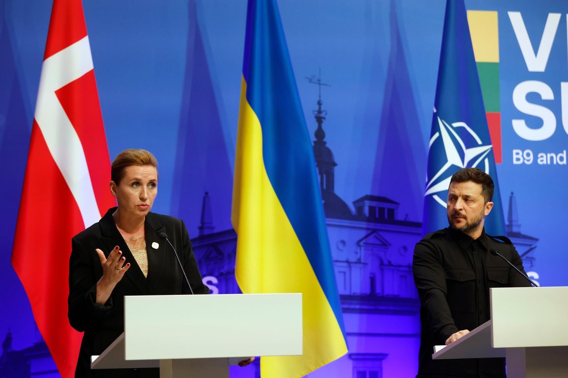 Ukraine's President Volodymyr Zelenskyy, right, looks on as Denmark's Prime Minister Mette Frederiksen addresses a media conference during the Vilnius Summit at the Palace of the Grand Dukes of Lithuania in Vilnius, Lithuania, Monday, June 2, 2025. (AP Photo/Mindaugas Kulbis) Ukraine's President Volodymyr Zelenskyy, right, looks on as Denmark's Prime Minister Mette Frederiksen addresses a media conference during the Vilnius Summit at the Palace of the Grand Dukes of Lithuania in Vilnius, Lithuania, Monday, June 2, 2025. (AP Photo/Mindaugas Kulbis)
