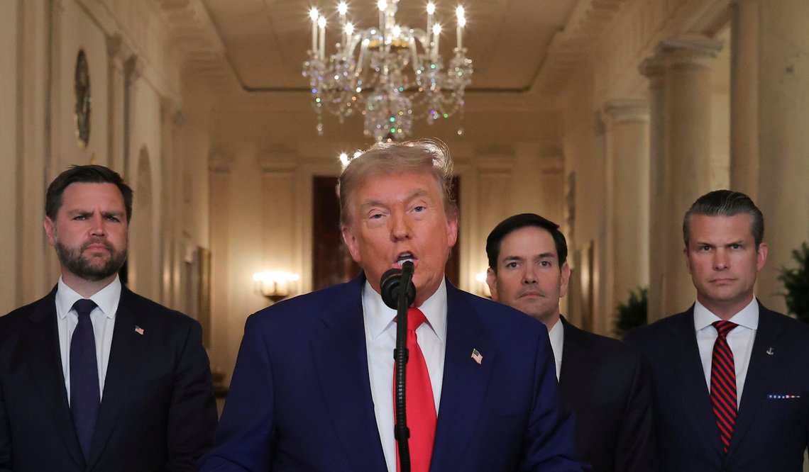 President Donald Trump speaks from the East Room of the White House in Washington, Saturday, June 21, 2025, after the U.S. military struck three Iranian nuclear and military sites, directly joining Israel's effort to decapitate the country's nuclear program, as Vice President JD Vance, Secretary of State Marco Rubio and Defense Secretary Pete Hegseth listen. (Carlos Barria/Pool via AP) President Donald Trump speaks from the East Room of the White House in Washington, Saturday, June 21, 2025, after the U.S. military struck three Iranian nuclear and military sites, directly joining Israel's effort to decapitate the country's nuclear program, as Vice President JD Vance, Secretary of State Marco Rubio and Defense Secretary Pete Hegseth listen. (Carlos Barria/Pool via AP)