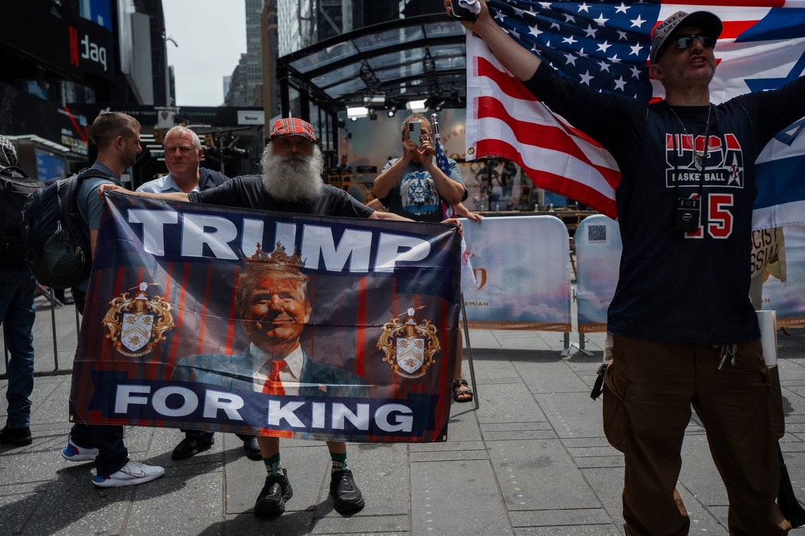Supporters of President Donald Trump hold pro-Trump flags in Times Square during a protest against U.S. strikes on Iran, Sunday, June 22, 2025, in New York. (AP Photo/Olga Fedorova) Supporters of President Donald Trump hold pro-Trump flags in Times Square during a protest against U.S. strikes on Iran, Sunday, June 22, 2025, in New York. (AP Photo/Olga Fedorova)