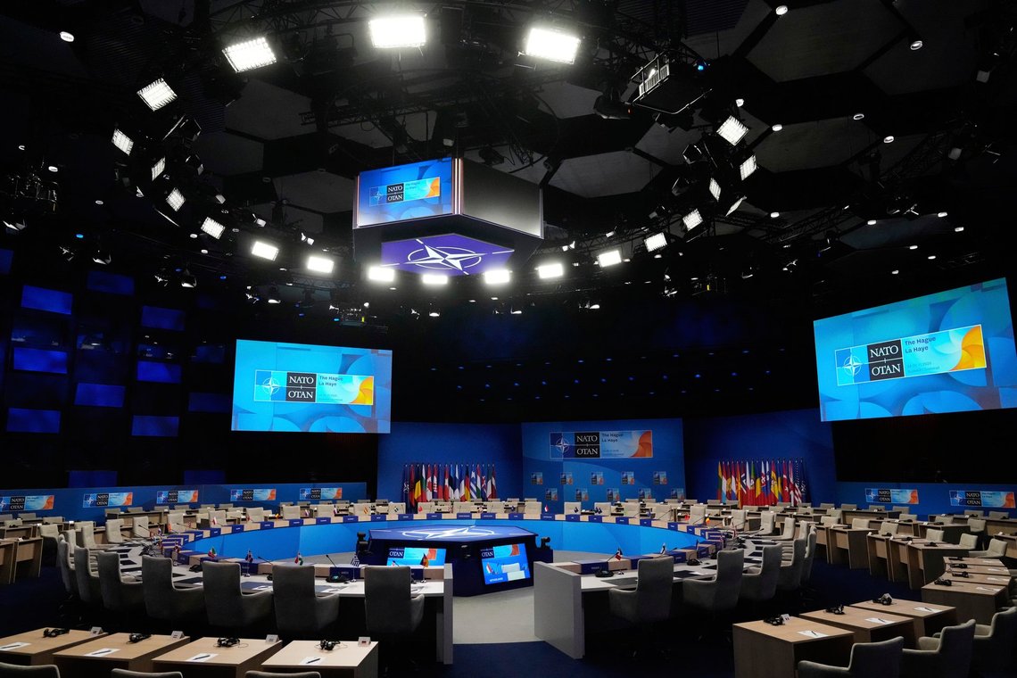 Inside view of the conference hall for the upcoming NATO summit in The Hague, Netherlands, Monday, June 23, 2025. (AP Photo/Matthias Schrader) Inside view of the conference hall for the upcoming NATO summit in The Hague, Netherlands, Monday, June 23, 2025. (AP Photo/Matthias Schrader)