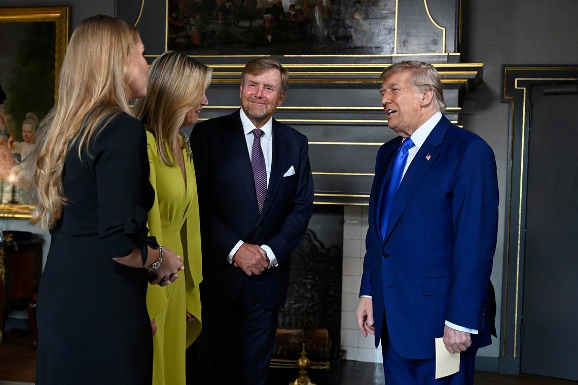 President Donald Trump, right, is welcomed by Netherland's King Willem Alexander, Netherland's Queen Maxima and Netherland's Crown Princess Amalia as he arrives for a formal dinner at the Paleis Huis ten Bosch ahead of the NATO summit in The Hague, Netherlands, Tuesday, June 24, 2025. (Misha Schoemakers, Pool Photo via AP) President Donald Trump, right, is welcomed by Netherland's King Willem Alexander, Netherland's Queen Maxima and Netherland's Crown Princess Amalia as he arrives for a formal dinner at the Paleis Huis ten Bosch ahead of the NATO summit in The Hague, Netherlands, Tuesday, June 24, 2025. (Misha Schoemakers, Pool Photo via AP)