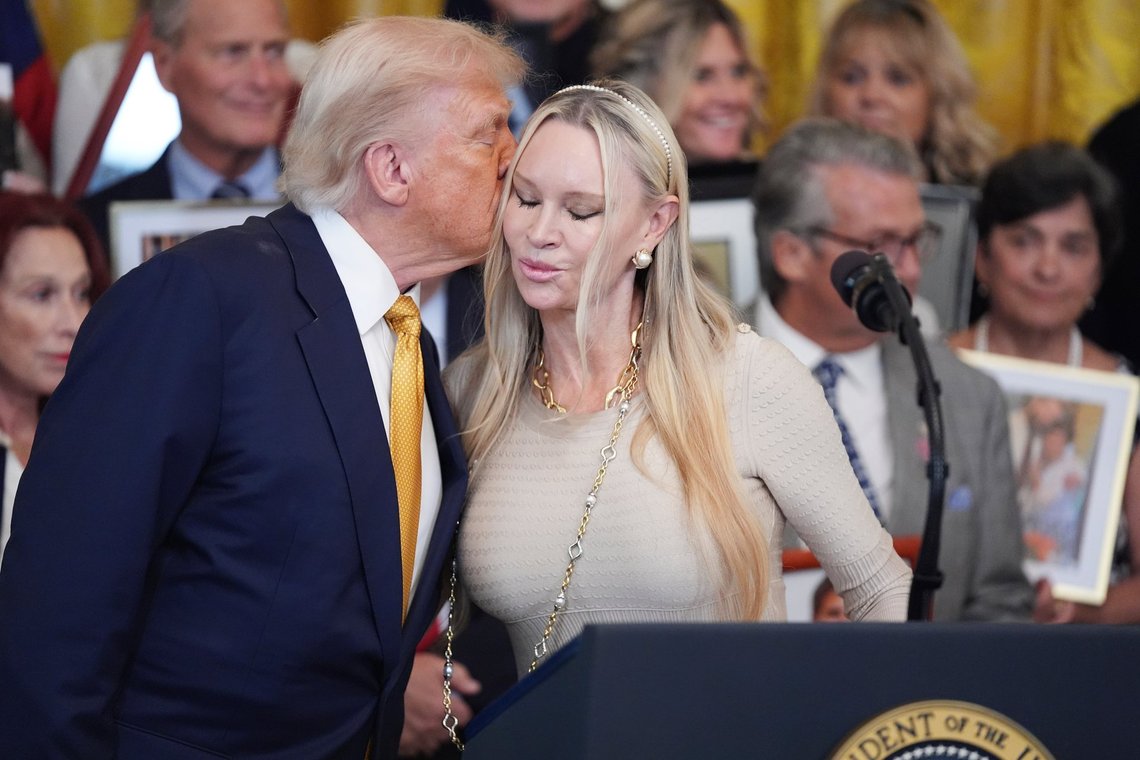 President Donald Trump, left, kisses Jackie Siegell, right, after she spoke, during a ceremony to sign the "Halt All Lethal Trafficking of Fentanyl Act," in the East Room of the White House, Wednesday, July 16, 2025, in Washington.(AP Photo/Evan Vucci) President Donald Trump, left, kisses Jackie Siegell, right, after she spoke, during a ceremony to sign the "Halt All Lethal Trafficking of Fentanyl Act," in the East Room of the White House, Wednesday, July 16, 2025, in Washington.(AP Photo/Evan Vucci)
