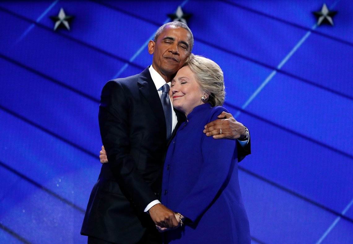 President Barack Obama hugs Democratic Presidential candidate Hillary Clinton after addressing the delegates during the third day session of the Democratic National Convention in Philadelphia, Wednesday, July 27, 2016. (AP Photo/Carolyn Kaster) President Barack Obama hugs Democratic Presidential candidate Hillary Clinton after addressing the delegates during the third day session of the Democratic National Convention in Philadelphia, Wednesday, July 27, 2016. (AP Photo/Carolyn Kaster)