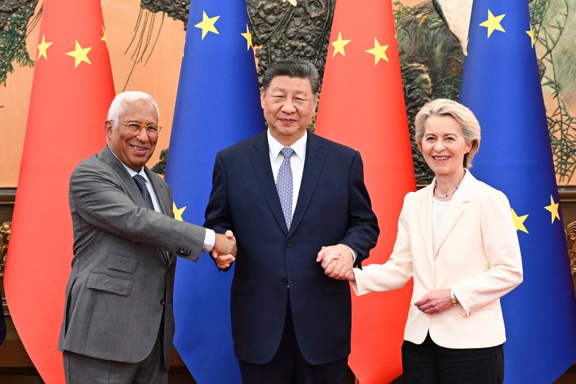 In this photo released by Xinhua News Agency, Chinese President Xi Jinping, center, meets with visiting President of the European Council Antonio Costa, left, and President of the European Commission Ursula von der Leyen, right, ahead of the China EU Summit, at the Great Hall of the People in Beijing, Thursday, July 24, 2025. (Xie Huanchi/Xinhua via AP) In this photo released by Xinhua News Agency, Chinese President Xi Jinping, center, meets with visiting President of the European Council Antonio Costa, left, and President of the European Commission Ursula von der Leyen, right, ahead of the China EU Summit, at the Great Hall of the People in Beijing, Thursday, July 24, 2025. (Xie Huanchi/Xinhua via AP)