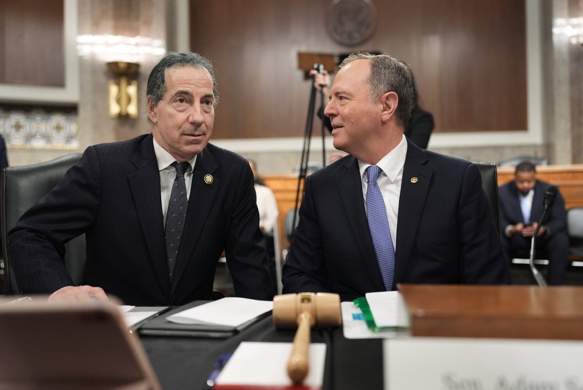 Rep. Jamie Raskin, D-Md., left, and Sen. Adam Schiff, D-Calif., members of the House and Senate Judiciary Committees, hold a hearing about the Justice Department under President Donald Trump, on Capitol Hill in Washington, Monday, April 7, 2025. (AP Photo/J. Scott Applewhite) Rep. Jamie Raskin, D-Md., left, and Sen. Adam Schiff, D-Calif., members of the House and Senate Judiciary Committees, hold a hearing about the Justice Department under President Donald Trump, on Capitol Hill in Washington, Monday, April 7, 2025. (AP Photo/J. Scott Applewhite)