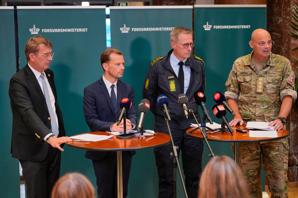 From left, Danish Minister of Defence Troels Lund Poulsen, Danish Minister of Justice Peter Hummelgaard, Chief of Police Thorkild Fogde, and Chief of Defense Michael Hyldgaard hold a press conference to provide an update on the recent drone activities at several airports in Denmark, at the Ministry of Defence in Copenhagen, Thursday, Sept. 25, 2025. (Emil Helms/Ritzau Scanpix via AP) From left, Danish Minister of Defence Troels Lund Poulsen, Danish Minister of Justice Peter Hummelgaard, Chief of Police Thorkild Fogde, and Chief of Defense Michael Hyldgaard hold a press conference to provide an update on the recent drone activities at several airports in Denmark, at the Ministry of Defence in Copenhagen, Thursday, Sept. 25, 2025. (Emil Helms/Ritzau Scanpix via AP)