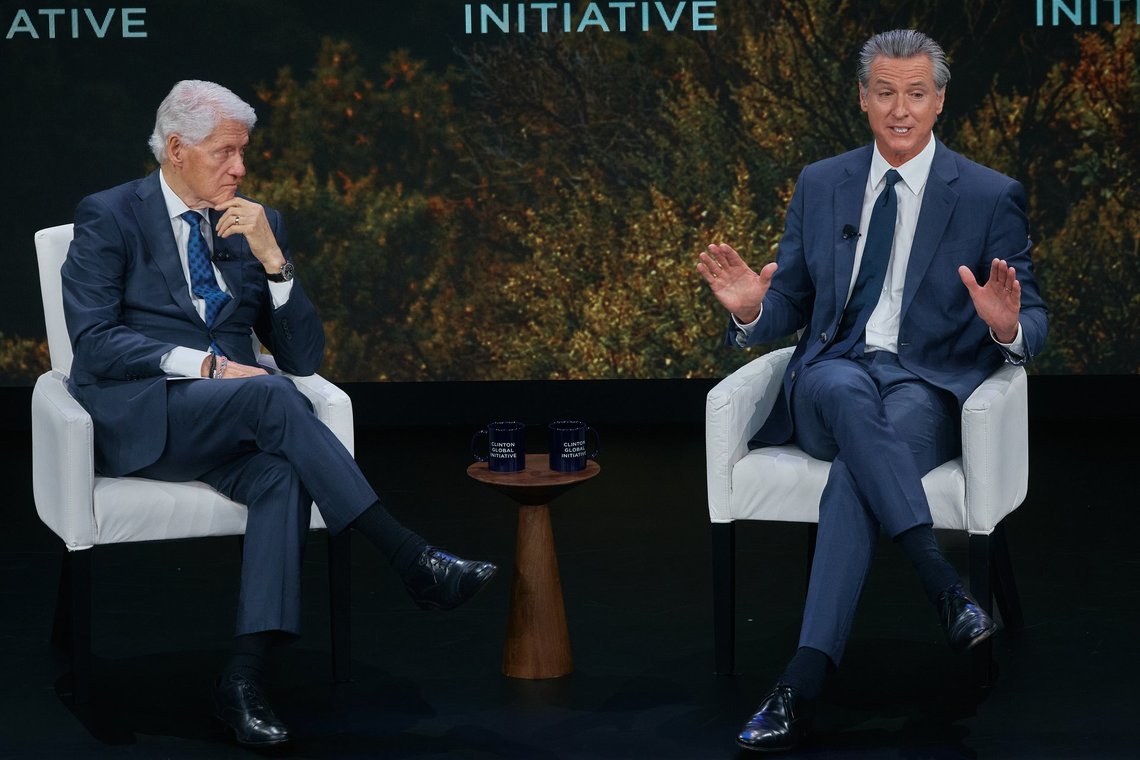 California Gov. Gavin Newsom, right, speaks next to former U.S. President Bill Clinton during the Clinton Global Initiative on Wednesday, Sept. 24, 2025, in New York. (AP Photo/Andres Kudacki) California Gov. Gavin Newsom, right, speaks next to former U.S. President Bill Clinton during the Clinton Global Initiative on Wednesday, Sept. 24, 2025, in New York. (AP Photo/Andres Kudacki)