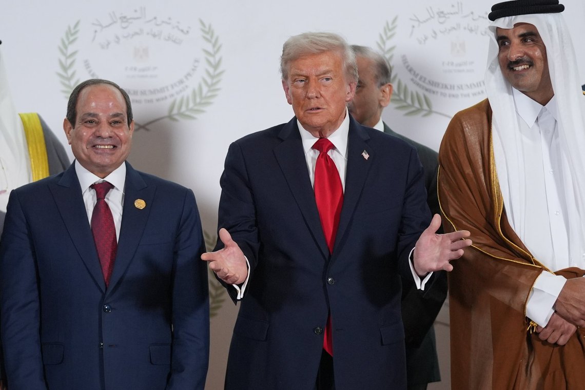 President Donald Trump stands next to Qatar Prime Minister and Foreign Minister Sheikh Mohammed bin Abdulrahman bin Jassim Al Thani and Egypt's President Abdel-Fattah el-Sissi during a family photo during a summit to support ending the more than two-year Israel-Hamas war in Gaza after a breakthrough ceasefire deal, Monday, Oct. 13, 2025, in Sharm El Sheikh, Egypt. (AP Photo/Evan Vucci, Pool) President Donald Trump stands next to Qatar Prime Minister and Foreign Minister Sheikh Mohammed bin Abdulrahman bin Jassim Al Thani and Egypt's President Abdel-Fattah el-Sissi during a family photo during a summit to support ending the more than two-year Israel-Hamas war in Gaza after a breakthrough ceasefire deal, Monday, Oct. 13, 2025, in Sharm El Sheikh, Egypt. (AP Photo/Evan Vucci, Pool)