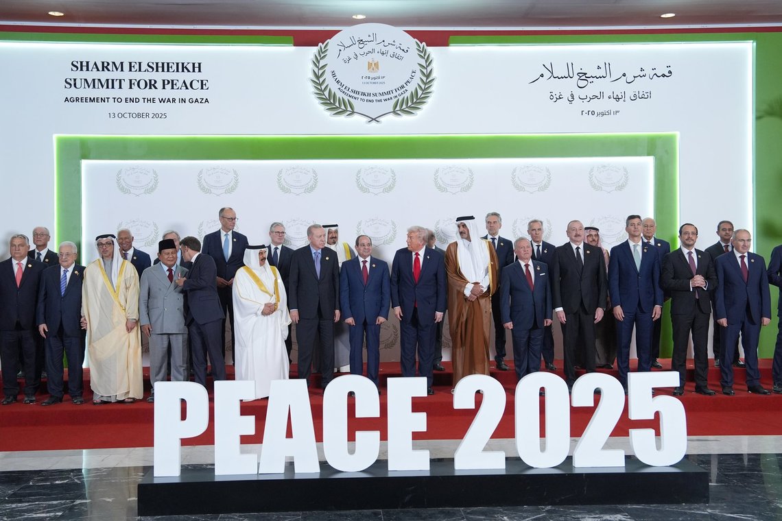 President Donald Trump and other world leaders pose for a photo during a summit to support ending the more than two-year Israel-Hamas war in Gaza after a breakthrough ceasefire deal, Monday, Oct. 13, 2025, in Sharm El Sheikh, Egypt. (AP Photo/Evan Vucci, Pool) President Donald Trump and other world leaders pose for a photo during a summit to support ending the more than two-year Israel-Hamas war in Gaza after a breakthrough ceasefire deal, Monday, Oct. 13, 2025, in Sharm El Sheikh, Egypt. (AP Photo/Evan Vucci, Pool)
