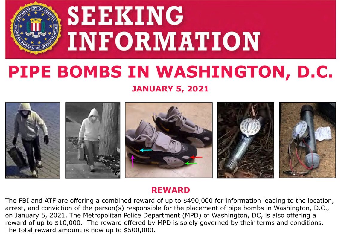 Dette billede viser en del af en "Seeking Information"-meddelelse udsendt af Federal Bureau of Investigation vedrørende rørbomber, der blev placeret uden for kontorer tilhørende Det Demokratiske og Det Republikanske Nationale Komité i Washington den 5. januar 2021, dagen før angrebet på Capitol. (FBI via AP) Dette billede viser en del af en "Seeking Information"-meddelelse udsendt af Federal Bureau of Investigation vedrørende rørbomber, der blev placeret uden for kontorer tilhørende Det Demokratiske og Det Republikanske Nationale Komité i Washington den 5. januar 2021, dagen før angrebet på Capitol. (FBI via AP)