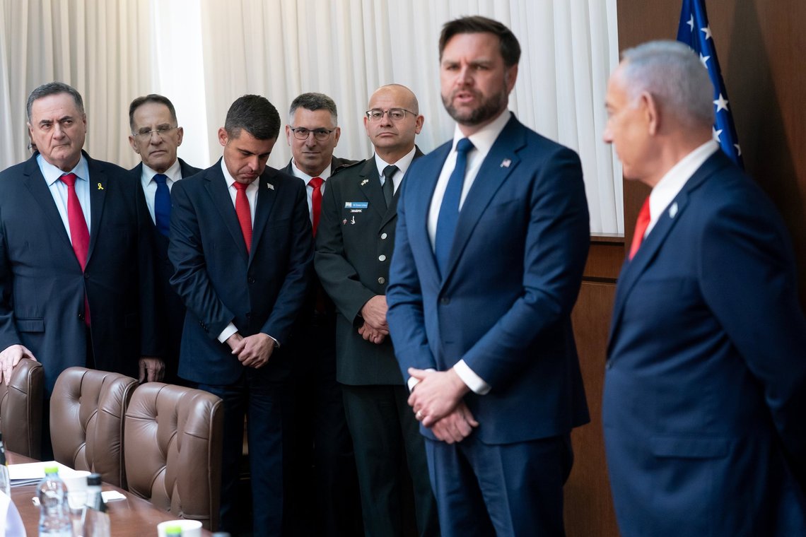 Members of Israeli Prime Minister Benjamin Netanyahu's government including Minister of Defense Israel Katz, from left, Chief of Staff Tzachi Braverman, spokesperson Ziv Agmon, Minister of Foreign Affairs Gideon Sa'ar and Major General Roman Gofman listen as U.S. Vice President JD Vance and Prime Minister Netanyahu meet at the Prime Minister's Office in Jerusalem, Wednesday, Oct. 22, 2025. (Nathan Howard/The New York Times via AP, Pool) Members of Israeli Prime Minister Benjamin Netanyahu's government including Minister of Defense Israel Katz, from left, Chief of Staff Tzachi Braverman, spokesperson Ziv Agmon, Minister of Foreign Affairs Gideon Sa'ar and Major General Roman Gofman listen as U.S. Vice President JD Vance and Prime Minister Netanyahu meet at the Prime Minister's Office in Jerusalem, Wednesday, Oct. 22, 2025. (Nathan Howard/The New York Times via AP, Pool)