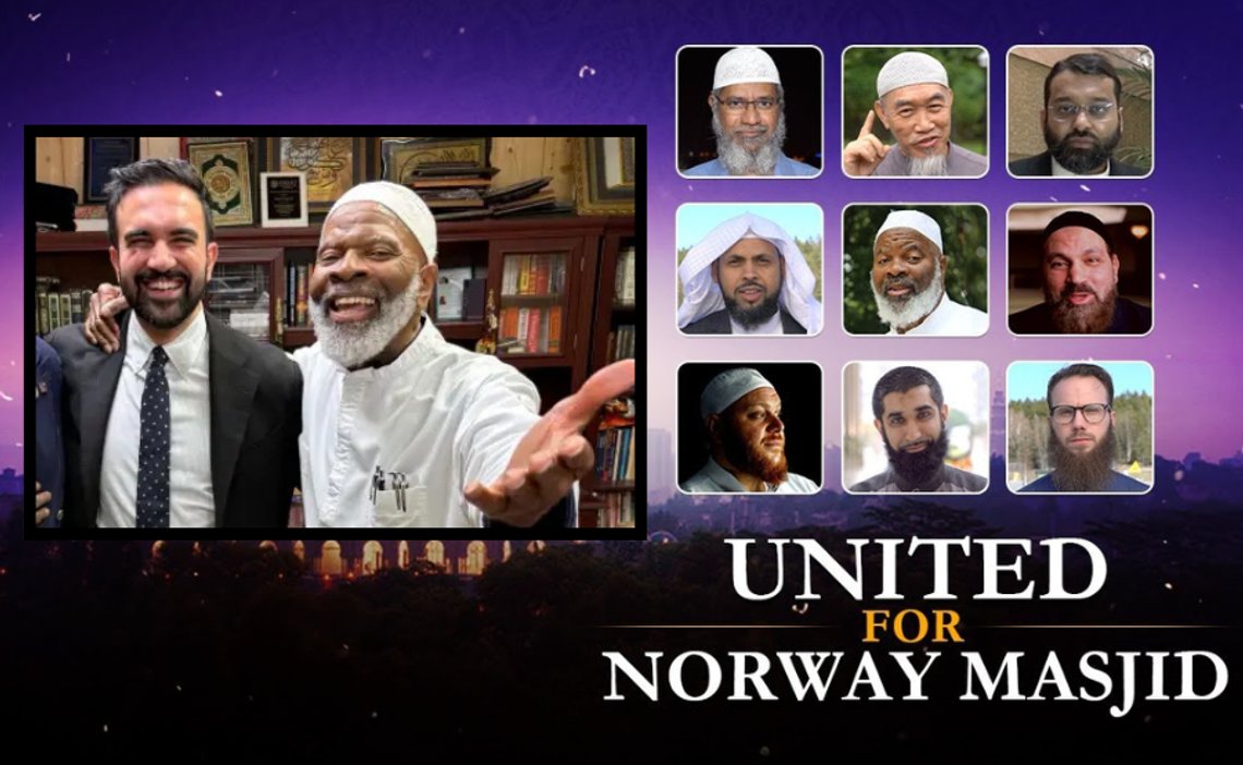 YouTube-skærmbillede: Disse talere er samlet til Islam Nets norske moské, inklusive New Yorks hadprædikant og imam Siraj Wahhajs. Indsat: New Yorks borgmesterkandidat Zohran Mamdani med Siraj Wahhaj, medsammensvoren i WTC 93-bombningen og terroristforsvarer. Skærmbillede fra X. YouTube-skærmbillede: Disse talere er samlet til Islam Nets norske moské, inklusive New Yorks hadprædikant og imam Siraj Wahhajs. Indsat: New Yorks borgmesterkandidat Zohran Mamdani med Siraj Wahhaj, medsammensvoren i WTC 93-bombningen og terroristforsvarer. Skærmbillede fra X.