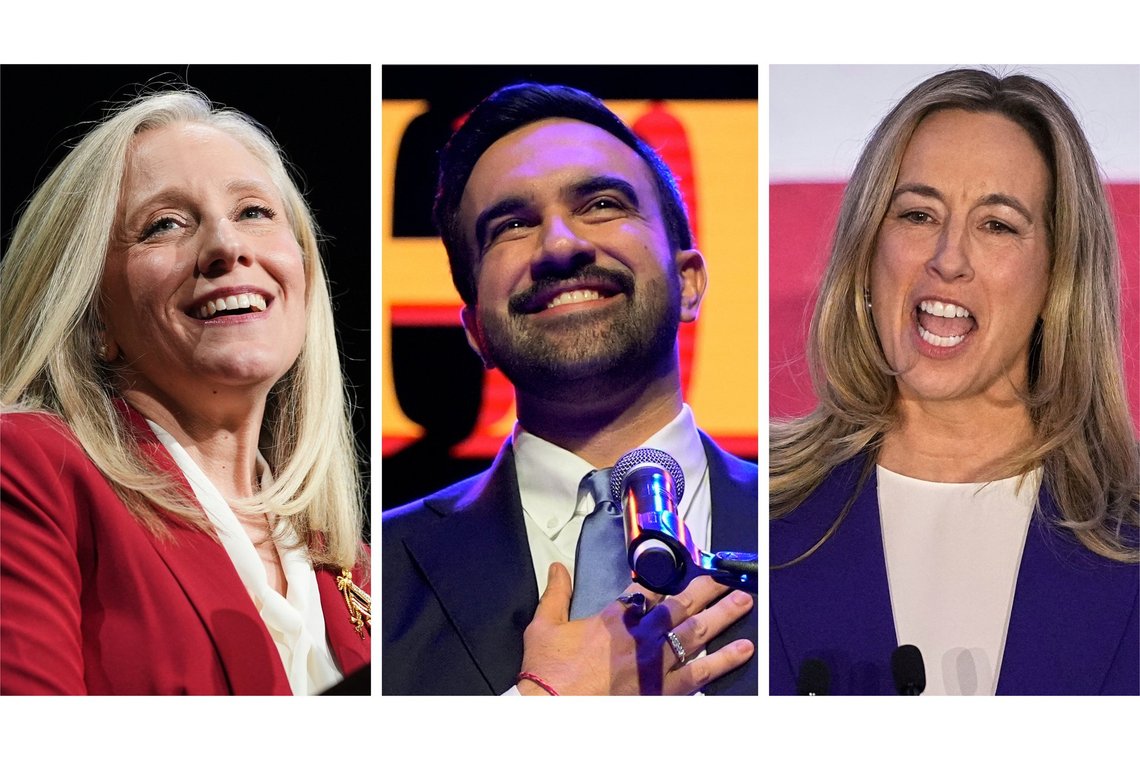 This combination of photos taken on Tuesday, Nov. 4, 2025, shows Abigail Spanberger in Richmond, Va., left, Zohran Mamdani in New York, center, and Mikie Sherrill in East Brunswick, N.J. (AP Photo/Stephanie Scarbrough, Yuki Iwamura and Matt Rourke) This combination of photos taken on Tuesday, Nov. 4, 2025, shows Abigail Spanberger in Richmond, Va., left, Zohran Mamdani in New York, center, and Mikie Sherrill in East Brunswick, N.J. (AP Photo/Stephanie Scarbrough, Yuki Iwamura and Matt Rourke)