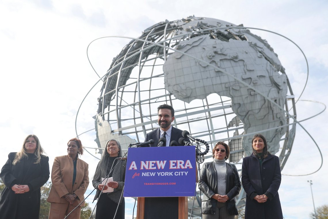 New York City mayor-elect Zohran Mamdani, center, speaks in front of the Unisphere alongside his transition team, from left, Elana Leopold, Melanie Hartzog, Maria Torres-Springer, Grace Bonilla, and Lina Khan, in the Queens borough of New York, Wednesday, Nov. 5, 2025. (AP Photo/Heather Khalifa) New York City mayor-elect Zohran Mamdani, center, speaks in front of the Unisphere alongside his transition team, from left, Elana Leopold, Melanie Hartzog, Maria Torres-Springer, Grace Bonilla, and Lina Khan, in the Queens borough of New York, Wednesday, Nov. 5, 2025. (AP Photo/Heather Khalifa)