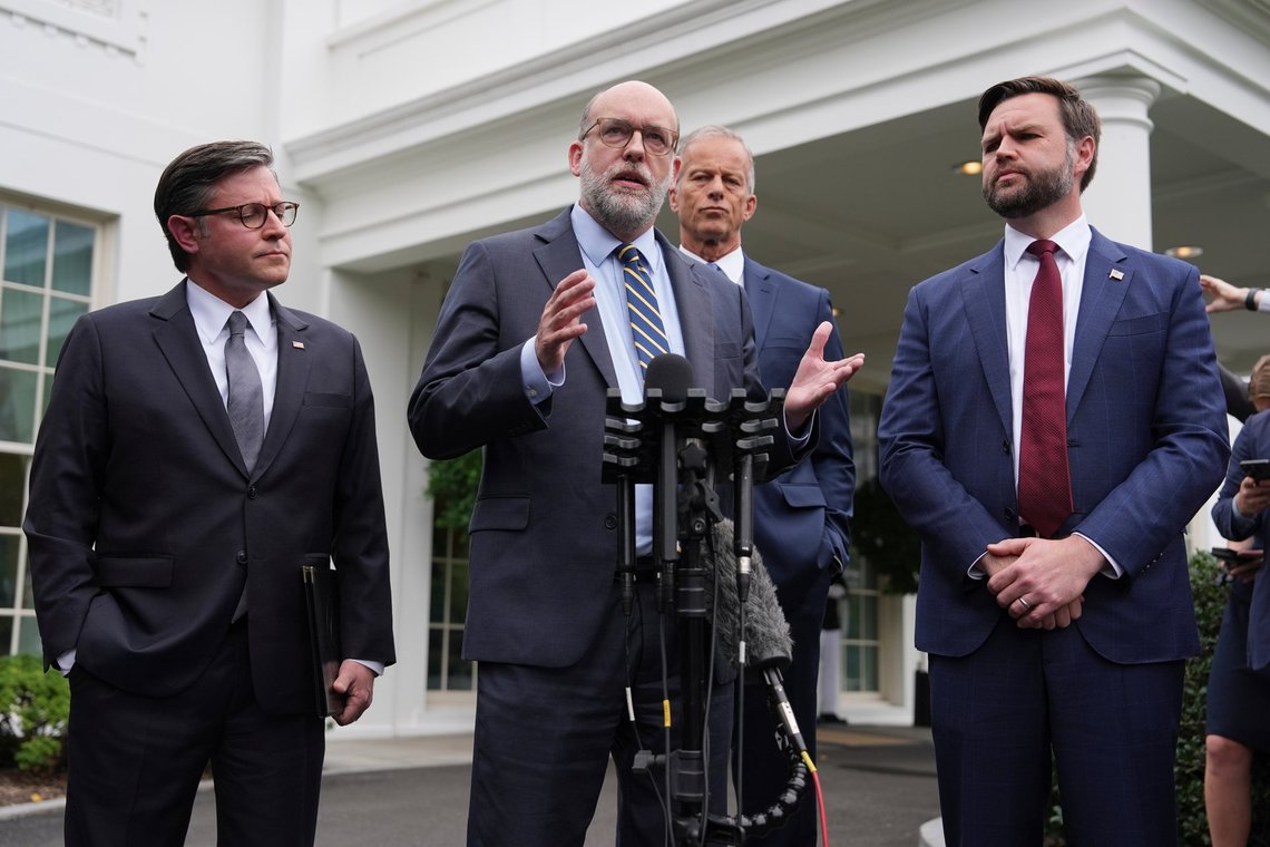 Russell Vought, Office of Management and Budget director, speaks alongside House Speaker Mike Johnson, R-La., from left, Senate Majority Leader John Thune, R-S.D., and Vice President JD Vance as they address members of the media outside the West Wing at the White House in Washington, Monday, Sept. 29, 2025, in Washington. (AP Photo/Evan Vucci) Russell Vought, Office of Management and Budget director, speaks alongside House Speaker Mike Johnson, R-La., from left, Senate Majority Leader John Thune, R-S.D., and Vice President JD Vance as they address members of the media outside the West Wing at the White House in Washington, Monday, Sept. 29, 2025, in Washington. (AP Photo/Evan Vucci)