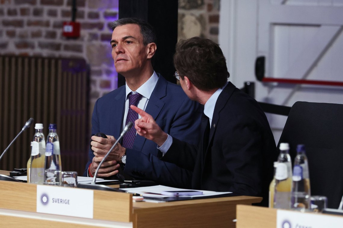 Spain's Prime Minister Pedro Sanchez, left, speaks with Sweden's Prime Minister Ulf Kristersson during a round table meeting for the EU summit at Alden Biesen Castle in Bilzen-Hoeselt, Belgium, Thursday, Feb. 12, 2026. (AP Photo/Omar Havana) Spain's Prime Minister Pedro Sanchez, left, speaks with Sweden's Prime Minister Ulf Kristersson during a round table meeting for the EU summit at Alden Biesen Castle in Bilzen-Hoeselt, Belgium, Thursday, Feb. 12, 2026. (AP Photo/Omar Havana)