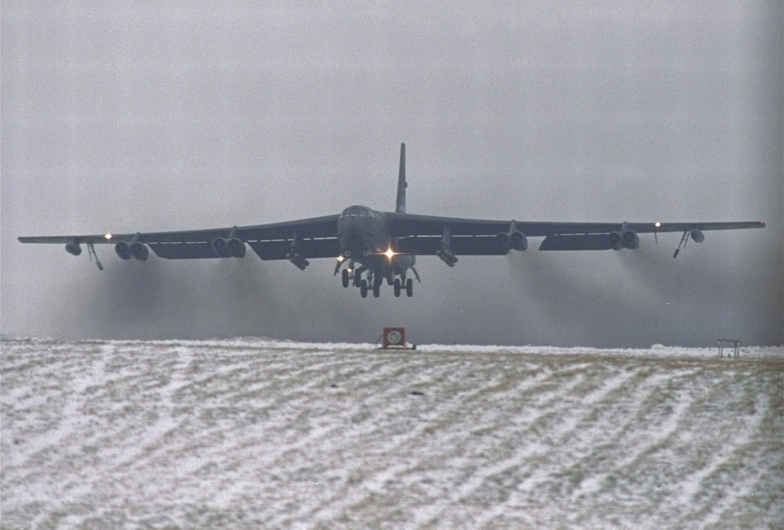 FILE - In this Feb. 10, 1991, file photo, a giant USAF B-52 bomber lifts off from the snow covered RAF Fairford runway in Gloucestershire, England, en route to the Gulf. B-52s were one arm of the nuclear deterrent force during the Cold War and were used in the carpet-bombings of North Vietnam. During the 1991 Gulf War, they dropped 40 percent of the ordnance on Iraq. (AP Photo/Gerald Penny, File) FILE - In this Feb. 10, 1991, file photo, a giant USAF B-52 bomber lifts off from the snow covered RAF Fairford runway in Gloucestershire, England, en route to the Gulf. B-52s were one arm of the nuclear deterrent force during the Cold War and were used in the carpet-bombings of North Vietnam. During the 1991 Gulf War, they dropped 40 percent of the ordnance on Iraq. (AP Photo/Gerald Penny, File)