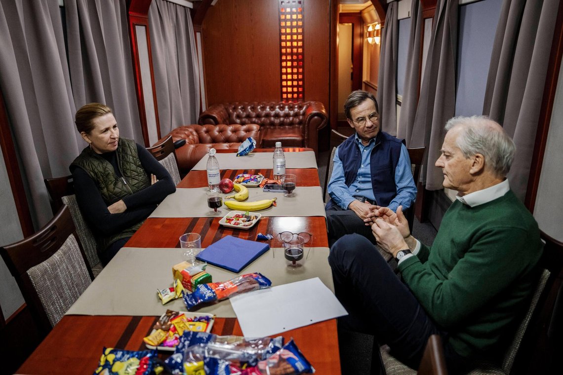 From left: Denmark's Prime Minister Mette Frederiksen, Sweden's Prime Minister Ulf Kristersson and Norway's Prime Minister Jonas Gahr Stoere talk in the train during their journey from Poland's Medyka to Kyiv, Ukraine, Tuesday, Feb. 24, 2026. (Mads Claus Rasmussen/Ritzau Scanpix via AP) From left: Denmark's Prime Minister Mette Frederiksen, Sweden's Prime Minister Ulf Kristersson and Norway's Prime Minister Jonas Gahr Stoere talk in the train during their journey from Poland's Medyka to Kyiv, Ukraine, Tuesday, Feb. 24, 2026. (Mads Claus Rasmussen/Ritzau Scanpix via AP)