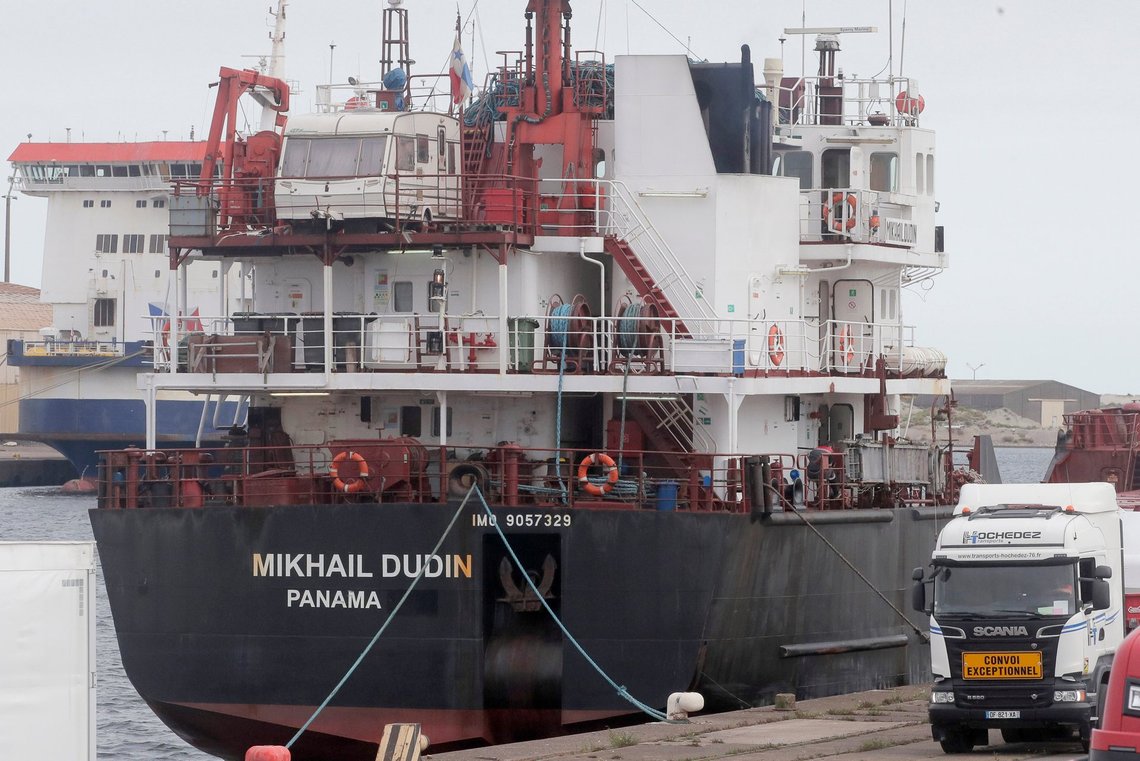 FILE - The Russian ship Mikhail Dudin docks at the port of Dunkirk, northern France, Tuesday, Sept.13, 2022. While Europe is cracking down on Russia's oil and gas, it's continuing to import and export nuclear fuel from and to the country, as the sector is not under sanctions prompted by the war in Ukraine _ a uranium trade denounced by Kyiv and environment activists. The Mikhail Dudin ship was navigating Thursday in the North Sea, heading towards the Russian Baltic port of Ust-Luga after leaving the French port of Dunkirk the previous day.(AP Photo/Michel Spingler, File) FILE - The Russian ship Mikhail Dudin docks at the port of Dunkirk, northern France, Tuesday, Sept.13, 2022. While Europe is cracking down on Russia's oil and gas, it's continuing to import and export nuclear fuel from and to the country, as the sector is not under sanctions prompted by the war in Ukraine _ a uranium trade denounced by Kyiv and environment activists. The Mikhail Dudin ship was navigating Thursday in the North Sea, heading towards the Russian Baltic port of Ust-Luga after leaving the French port of Dunkirk the previous day.(AP Photo/Michel Spingler, File)