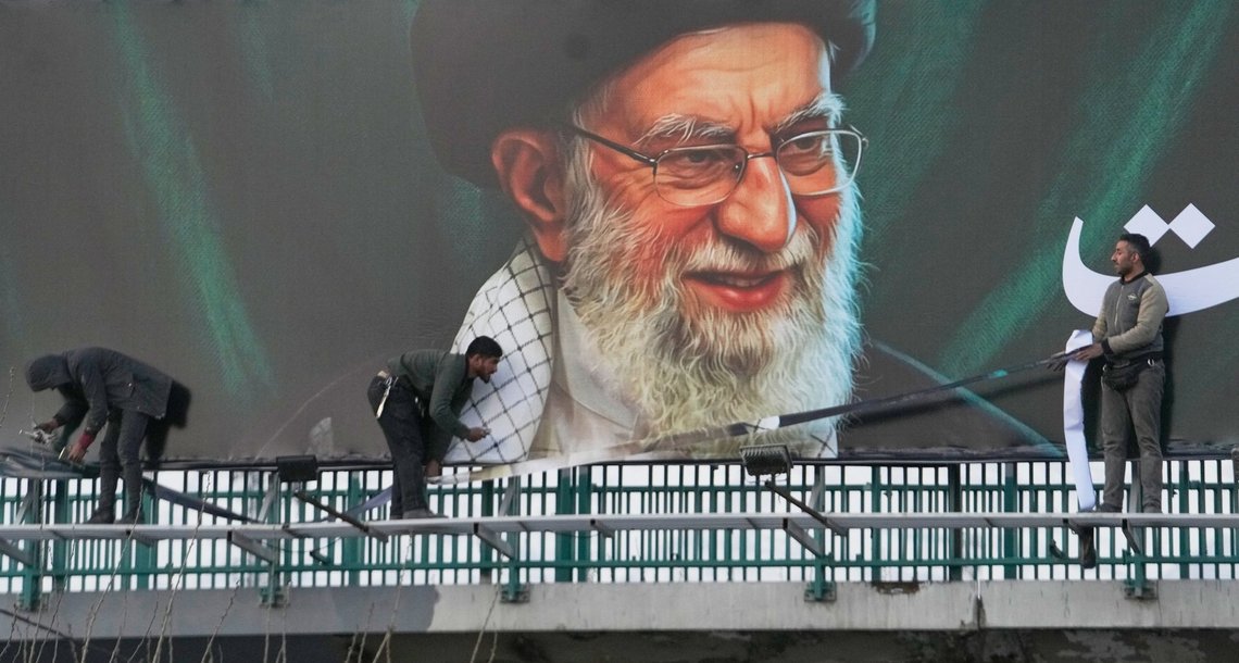 Workers install a billboard on an overpass containing a portrait of the late Iranian Supreme Leader Ayatollah Ali Khamenei, who was killed during ongoing joint U.S.-Israeli military attacks, in Tehran, Iran, Monday, March 2, 2026. (AP Photo/Vahid Salemi) Workers install a billboard on an overpass containing a portrait of the late Iranian Supreme Leader Ayatollah Ali Khamenei, who was killed during ongoing joint U.S.-Israeli military attacks, in Tehran, Iran, Monday, March 2, 2026. (AP Photo/Vahid Salemi)