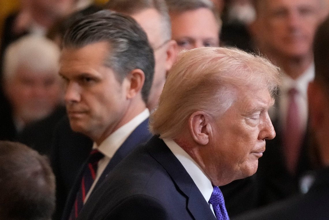 President Donald Trump walks past Defense Secretary Pete Hegseth as he exist the East Room of the White House following the Medal of Honor ceremony, Monday, March 2, 2026, in Washington. (AP Photo/Mark Schiefelbein) President Donald Trump walks past Defense Secretary Pete Hegseth as he exist the East Room of the White House following the Medal of Honor ceremony, Monday, March 2, 2026, in Washington. (AP Photo/Mark Schiefelbein)