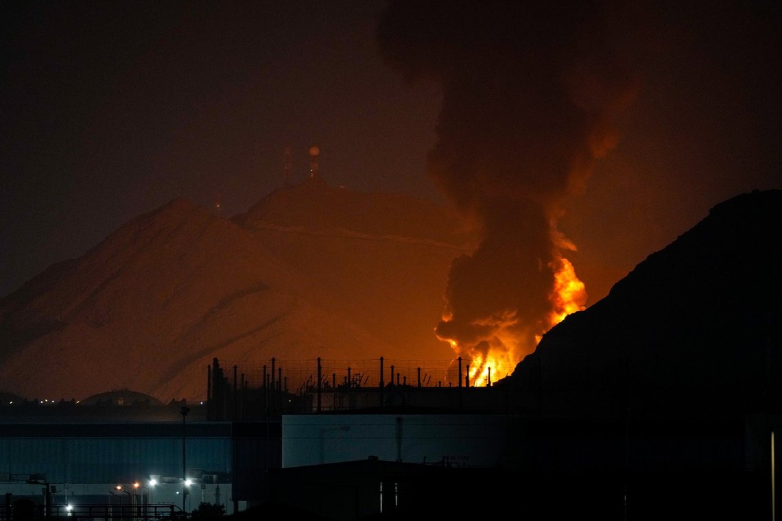 Large fire and plume of smoke is visible after, according to the authorities, debris of an Iranian intercepted drone hit the Fujairah oil facility, in Fujairah, United Arab Emirates, Tuesday, March 3, 2026. (AP Photo/Altaf Qadri) Large fire and plume of smoke is visible after, according to the authorities, debris of an Iranian intercepted drone hit the Fujairah oil facility, in Fujairah, United Arab Emirates, Tuesday, March 3, 2026. (AP Photo/Altaf Qadri)