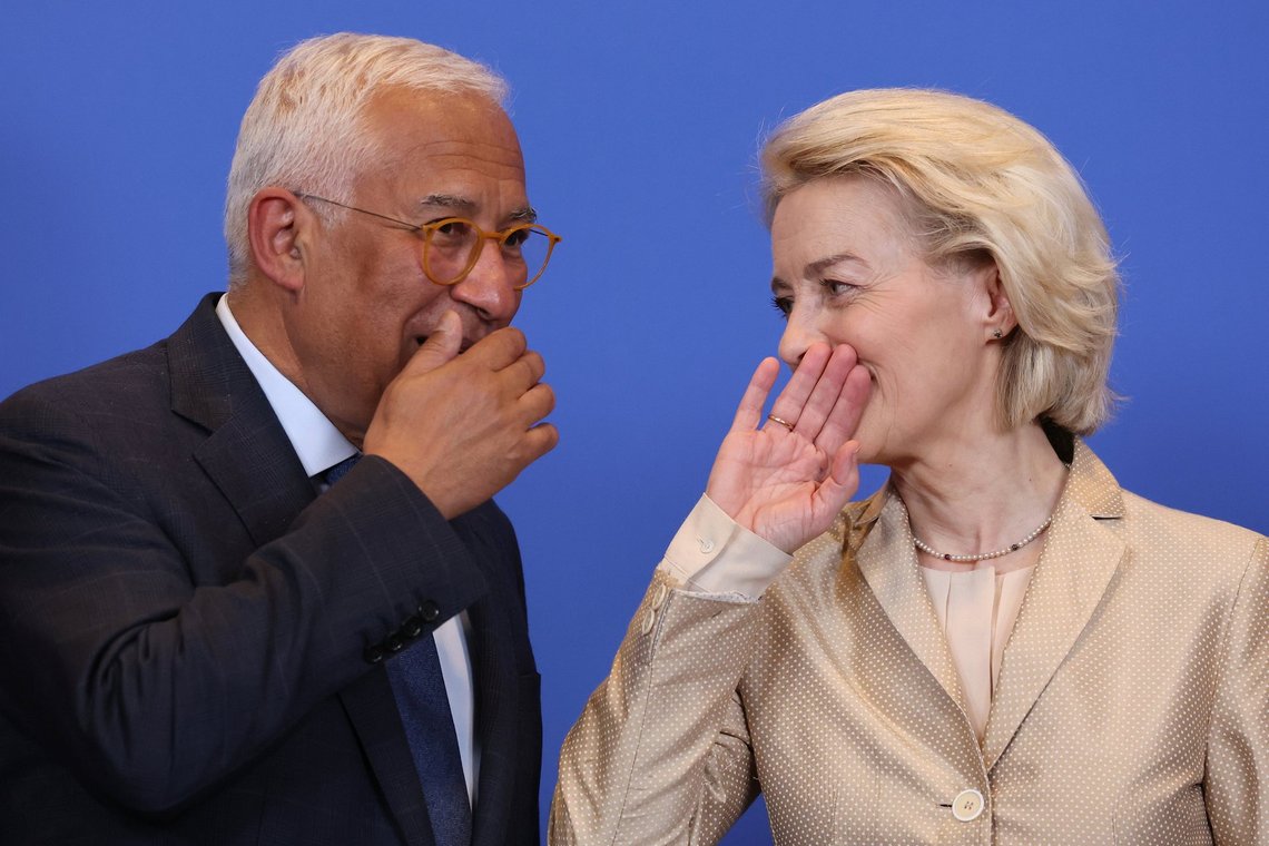 European Council President Antonio Costa, left, speaks with European Commission President Ursula von der Leyen during a group photo of business leaders at the Tripartite Social Summit in Brussels, Wednesday, March 18, 2026. (AP Photo/Omar Havana) European Council President Antonio Costa, left, speaks with European Commission President Ursula von der Leyen during a group photo of business leaders at the Tripartite Social Summit in Brussels, Wednesday, March 18, 2026. (AP Photo/Omar Havana)