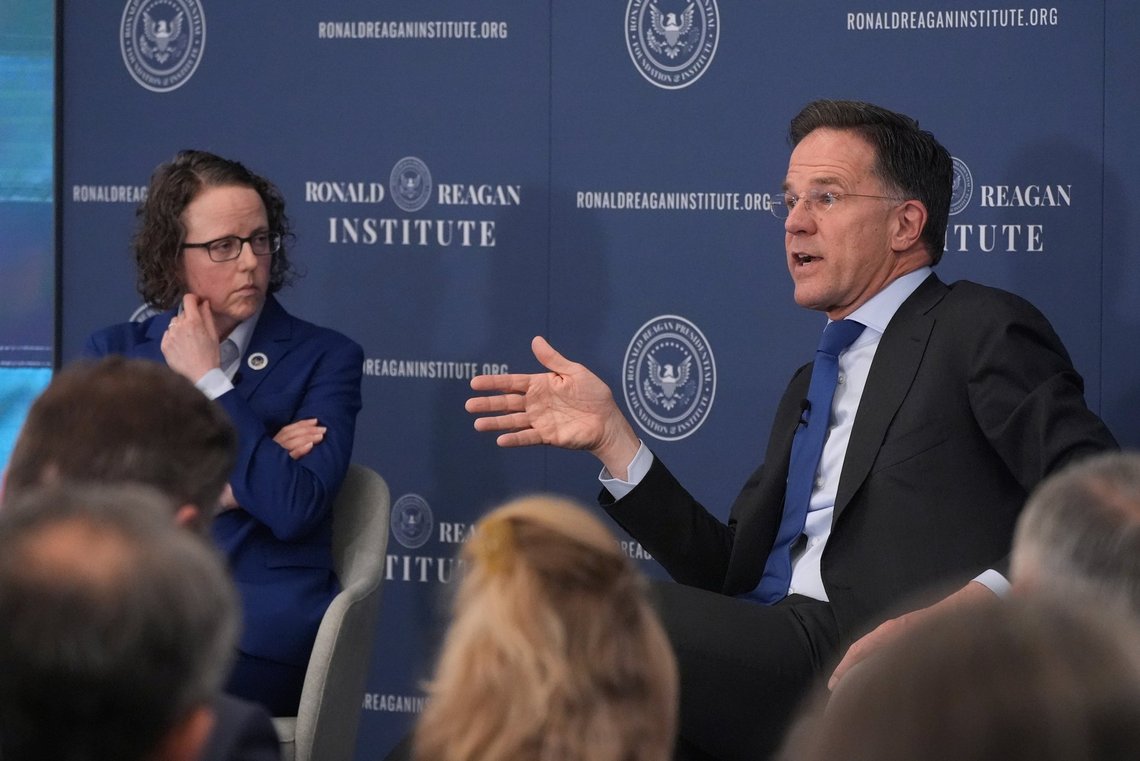 NATO Secretary General Mark Rutte speaks at the Ronald Reagan Institute, Thursday, April 9, 2026, in Washington, as the institute's policy director, Rachel Hoff, looks on. (AP Photo/Manuel Balce Ceneta) NATO Secretary General Mark Rutte speaks at the Ronald Reagan Institute, Thursday, April 9, 2026, in Washington, as the institute's policy director, Rachel Hoff, looks on. (AP Photo/Manuel Balce Ceneta)