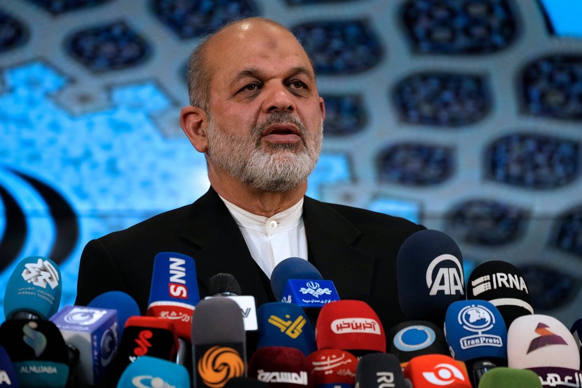 FILE - Iran's Interior Minister Ahmad Vahidi briefs the media on elections in Tehran, Iran, March 4, 2024. (AP Photo/Vahid Salemi, File) FILE - Iran's Interior Minister Ahmad Vahidi briefs the media on elections in Tehran, Iran, March 4, 2024. (AP Photo/Vahid Salemi, File)