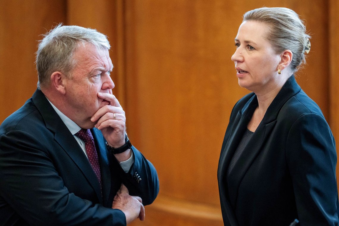 Acting Foreign Minister Lars Loekke Rasmussen, and Acting Prime Minister Mette Frederiksen, right, speak as the newly elected Parliament holds its first meeting at Christiansborg in Copenhagen, Denmark, Friday, April 10, 2026. (Mads Claus Rasmussen/Ritzau Scanpix) Acting Foreign Minister Lars Loekke Rasmussen, and Acting Prime Minister Mette Frederiksen, right, speak as the newly elected Parliament holds its first meeting at Christiansborg in Copenhagen, Denmark, Friday, April 10, 2026. (Mads Claus Rasmussen/Ritzau Scanpix)