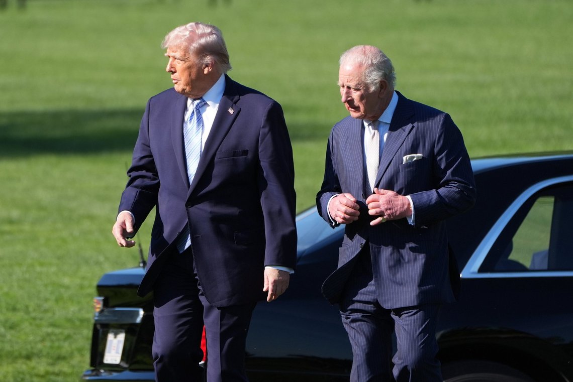President Donald Trump and Britain's King Charles III arrive to look at the White House garden and bee hive on the South Lawn of the White House, Monday, April 27, 2026, in Washington. (AP Photo/Alex Brandon, Pool) President Donald Trump and Britain's King Charles III arrive to look at the White House garden and bee hive on the South Lawn of the White House, Monday, April 27, 2026, in Washington. (AP Photo/Alex Brandon, Pool)