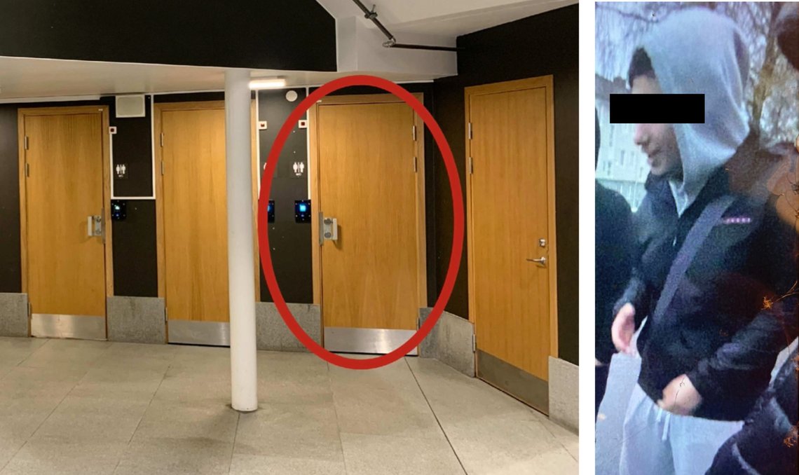 Den ene voldtægt fandt sted på et toilet på Gamlestadens bibliotek. Til højre: Den dømte syrer. Foto: Svensk politi. Den ene voldtægt fandt sted på et toilet på Gamlestadens bibliotek. Til højre: Den dømte syrer. Foto: Svensk politi.