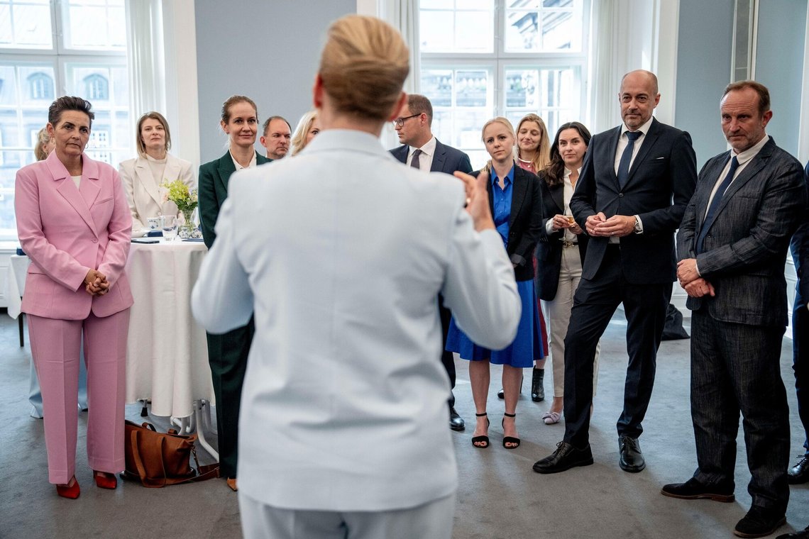 Prime Minister Mette Frederiksen, foreground, gives a speech for the government's new ministers as they meet at Amalienborg Castle in Copenhagen, Wednesday, June 3, 2026. (Mads Claus Rasmussen/Ritzau Scanpix via AP) Prime Minister Mette Frederiksen, foreground, gives a speech for the government's new ministers as they meet at Amalienborg Castle in Copenhagen, Wednesday, June 3, 2026. (Mads Claus Rasmussen/Ritzau Scanpix via AP)