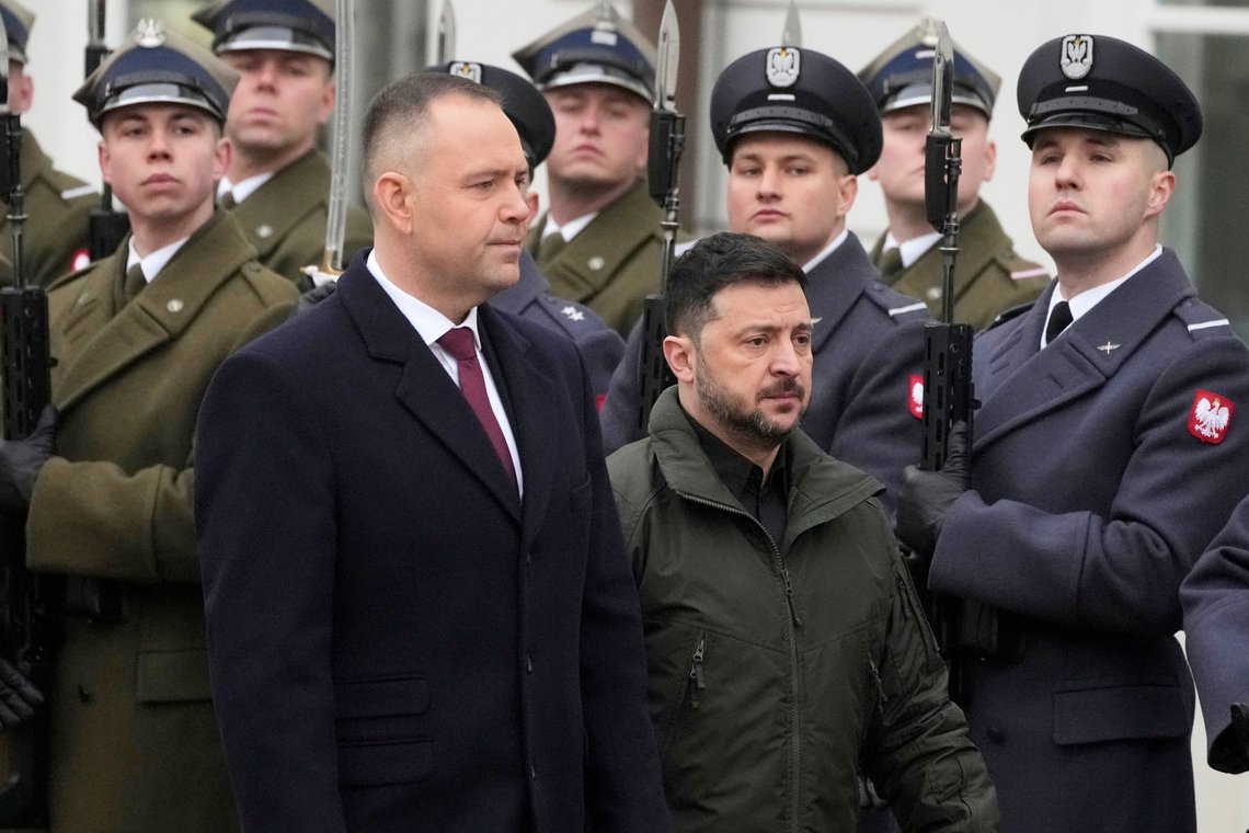 FILE - Polish President Karol Nawrocki, left, and Ukrainian President Volodymyr Zelenskyy attend an official welcome ceremony before their meeting at the Presidential Palace in Warsaw, Poland, Dec. 19, 2025. (AP Photo/Czarek Sokolowski, File) FILE - Polish President Karol Nawrocki, left, and Ukrainian President Volodymyr Zelenskyy attend an official welcome ceremony before their meeting at the Presidential Palace in Warsaw, Poland, Dec. 19, 2025. (AP Photo/Czarek Sokolowski, File)