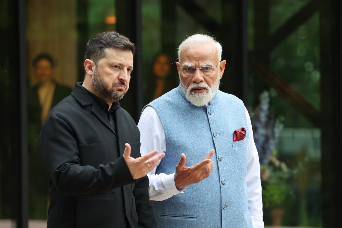 Ukraine's President Volodymyr Zelensky, left, and India's Prime Minister Narendra Modi speak before a family photo during a gala dinner as part of the G7 summit, in Evian-les-Bains, France, Tuesday June 16, 2026. (Ludovic Marin/Pool Photo via AP) Ukraine's President Volodymyr Zelensky, left, and India's Prime Minister Narendra Modi speak before a family photo during a gala dinner as part of the G7 summit, in Evian-les-Bains, France, Tuesday June 16, 2026. (Ludovic Marin/Pool Photo via AP)
